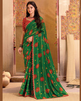 Vishal Prints Dark Green Bandhani Print Patterned Chiffon Saree With Foil Print And Cut Work Border