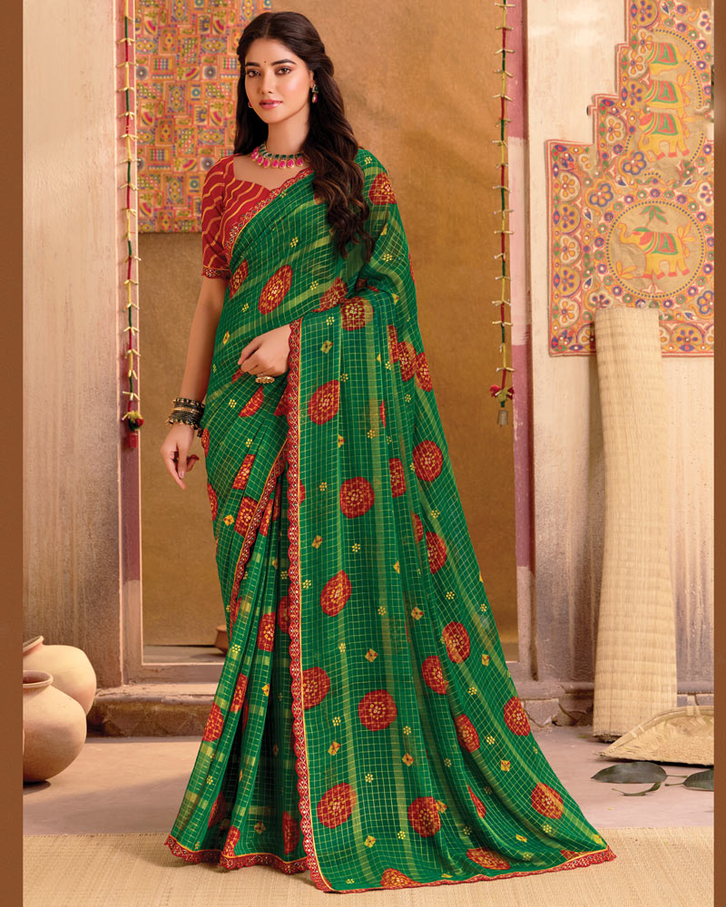 Vishal Prints Dark Green Bandhani Print Patterned Chiffon Saree With Foil Print And Cut Work Border