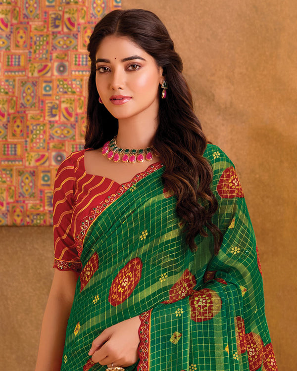 Vishal Prints Dark Green Bandhani Print Patterned Chiffon Saree With Foil Print And Cut Work Border