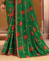 Vishal Prints Dark Green Bandhani Print Patterned Chiffon Saree With Foil Print And Cut Work Border