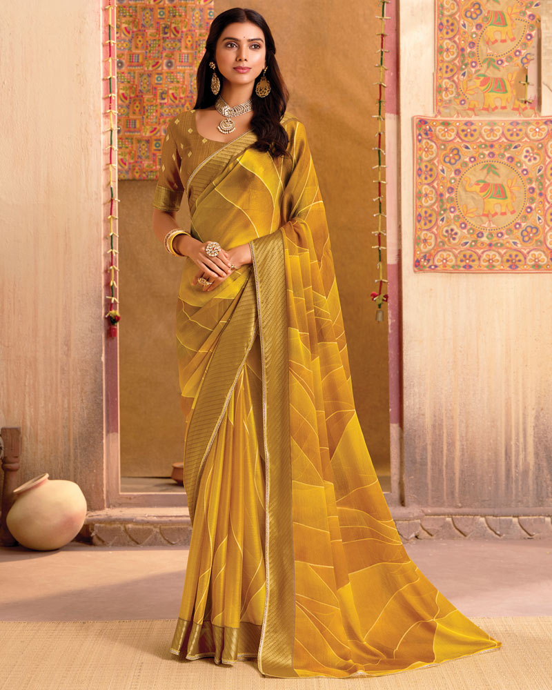 Vishal Prints Mustard Printed Designer Chiffon Saree With Fancy Piping