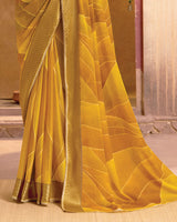 Vishal Prints Mustard Printed Designer Chiffon Saree With Fancy Piping