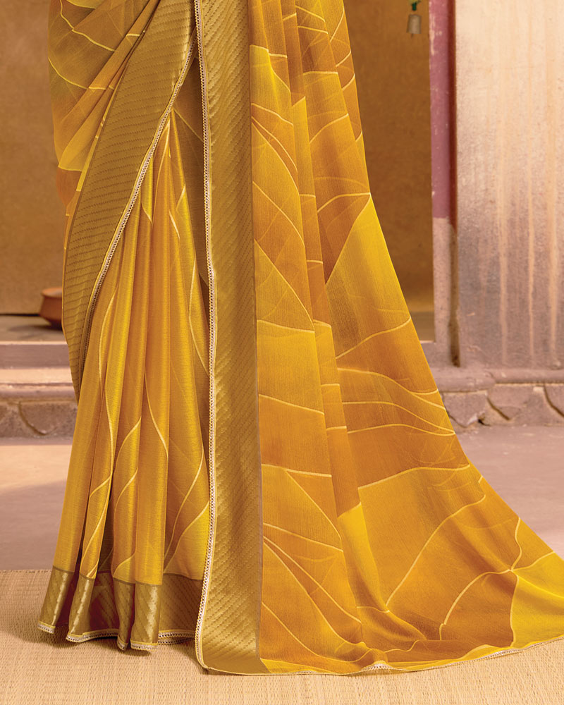 Vishal Prints Mustard Printed Designer Chiffon Saree With Fancy Piping