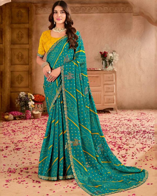 Vishal Prints Teal Green Chiffon Printed Bandhani Print Saree With Foil Print And Cut Work Embroidery Border