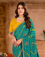 Vishal Prints Teal Green Chiffon Printed Bandhani Print Saree With Foil Print And Cut Work Embroidery Border