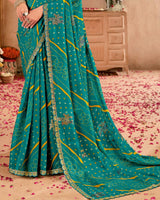 Vishal Prints Teal Green Chiffon Printed Bandhani Print Saree With Foil Print And Cut Work Embroidery Border