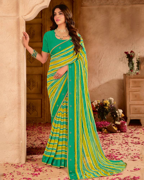 Vishal Prints Teal Green Printed Chiffon Saree With Fancy Gota Patti Border