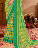 Vishal Prints Teal Green Printed Chiffon Saree With Fancy Gota Patti Border