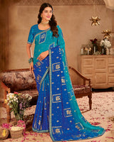 Vishal Prints Dark Sky Blue Dyed Chiffon Saree With Foil Print And Zari Border