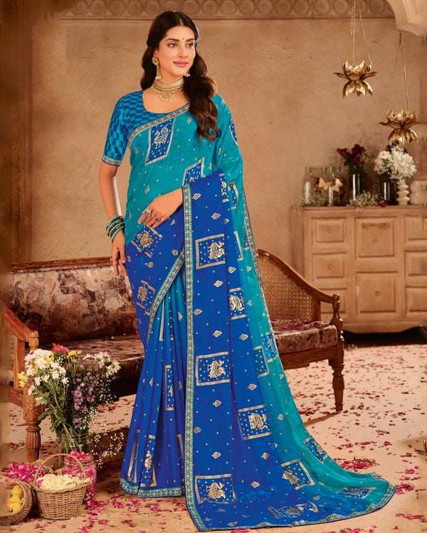 Vishal Prints Dark Sky Blue Dyed Chiffon Saree With Foil Print And Zari Border