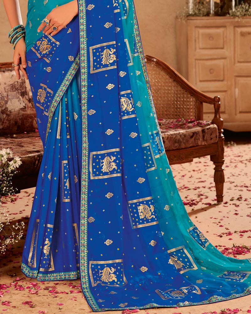 Vishal Prints Dark Sky Blue Dyed Chiffon Saree With Foil Print And Zari Border