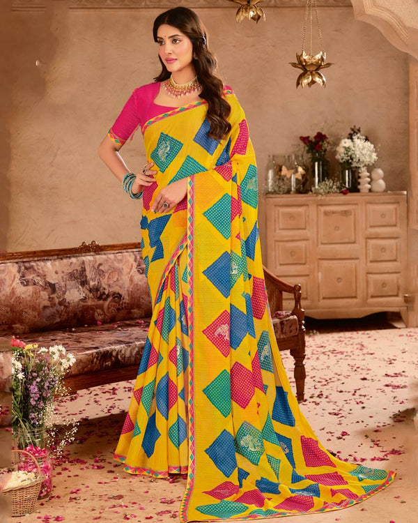 Vishal Prints Yellow Printed Chiffon Saree With Foil Print And Fancy Border