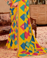 Vishal Prints Yellow Printed Chiffon Saree With Foil Print And Fancy Border