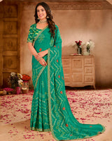 Vishal Prints Teal Green Printed Chiffon Saree With Foil Print And Cut Work Embroidery Border