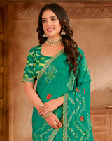 Vishal Prints Teal Green Printed Chiffon Saree With Foil Print And Cut Work Embroidery Border