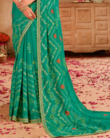 Vishal Prints Teal Green Printed Chiffon Saree With Foil Print And Cut Work Embroidery Border