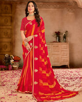 Vishal Prints Bright Red Printed Chiffon Saree With Foil Print-Diamond Work And Gota Patti Border