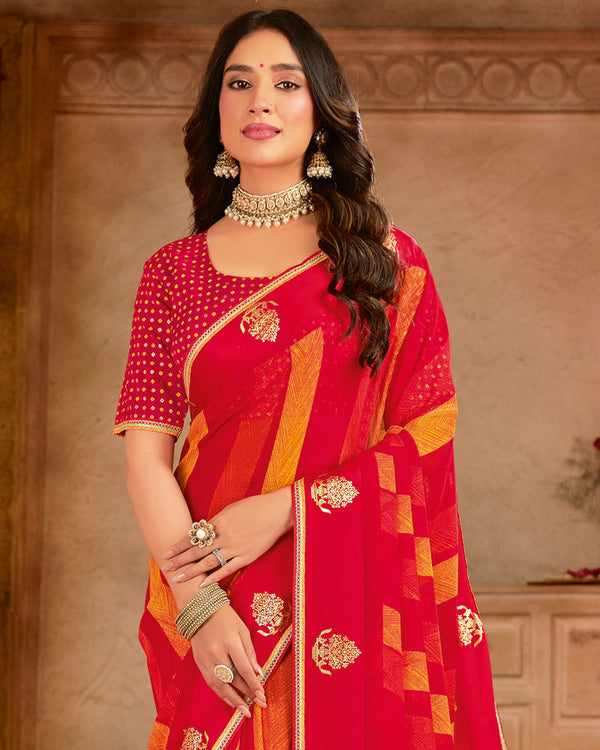 Vishal Prints Bright Red Printed Chiffon Saree With Foil Print-Diamond Work And Gota Patti Border