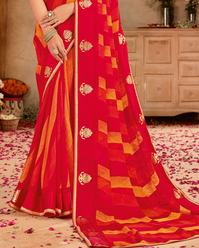 Vishal Prints Bright Red Printed Chiffon Saree With Foil Print-Diamond Work And Gota Patti Border