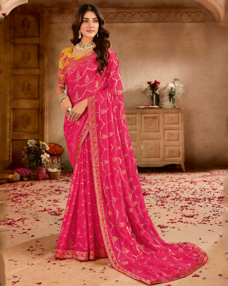 Vishal Prints Strawberry Pink Designer Printed Chiffon Saree With Foil Print And Fancy Border