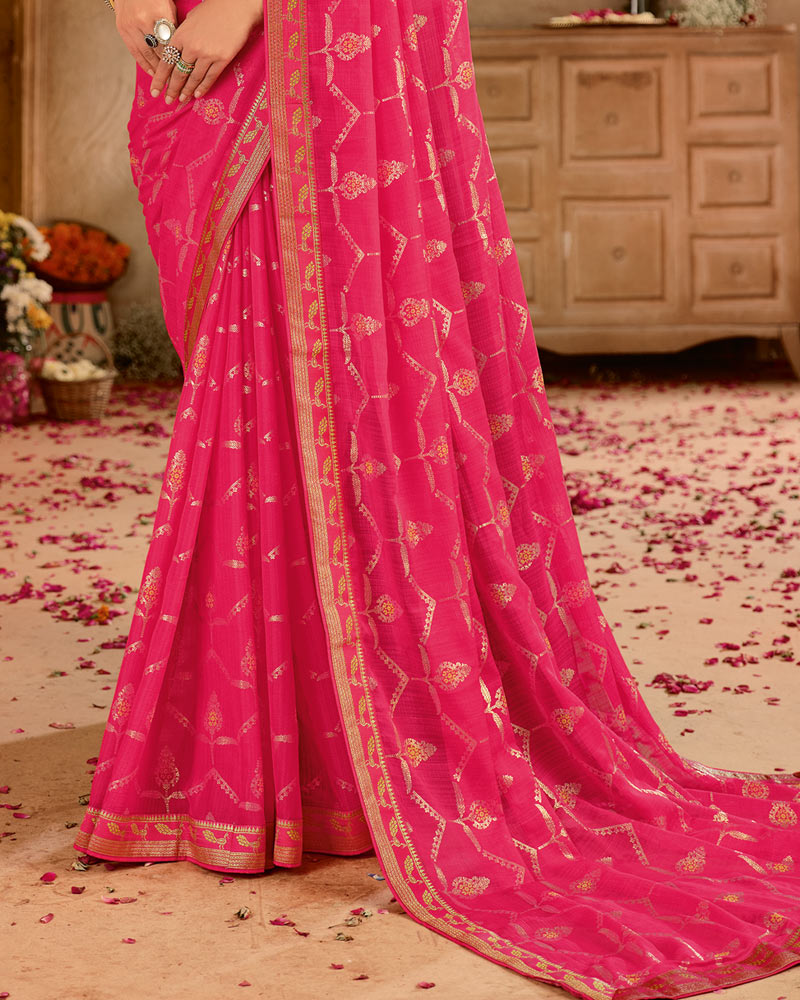 Vishal Prints Strawberry Pink Designer Printed Chiffon Saree With Foil Print And Fancy Border