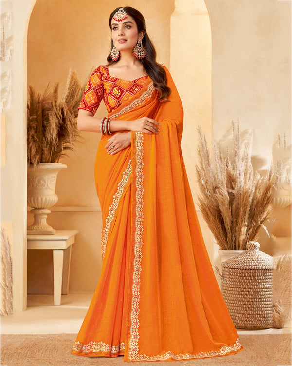 Vishal Prints Saffron Color Designer Fancy Chiffon Saree With Diamond Work And Embroidery Cut Work Border