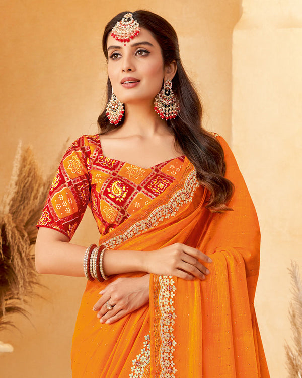 Vishal Prints Saffron Color Designer Fancy Chiffon Saree With Diamond Work And Embroidery Cut Work Border