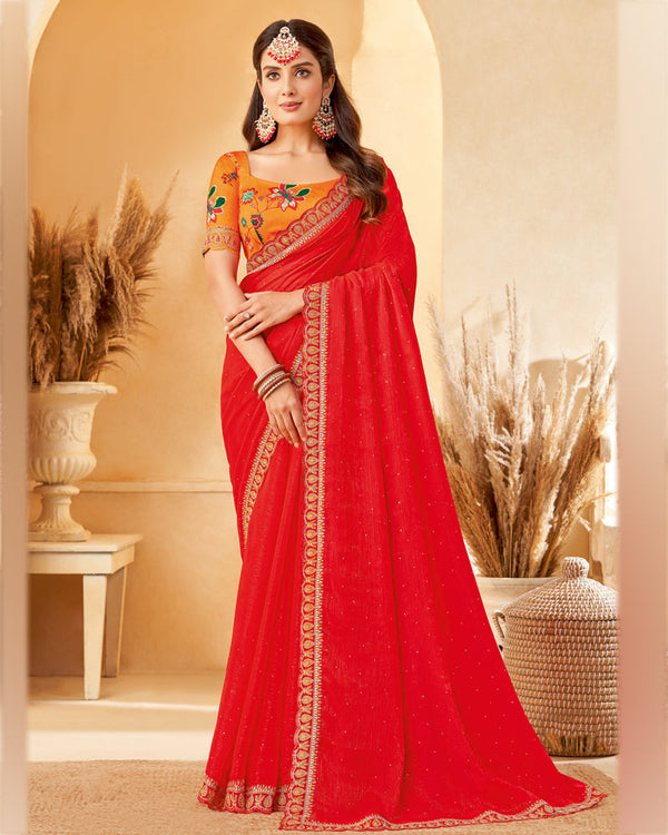 Vishal Prints Red Designer Fancy Chiffon Saree With Diamond Work And Embroidery Cut Work Border