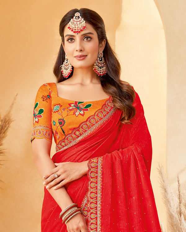 Vishal Prints Red Designer Fancy Chiffon Saree With Diamond Work And Embroidery Cut Work Border