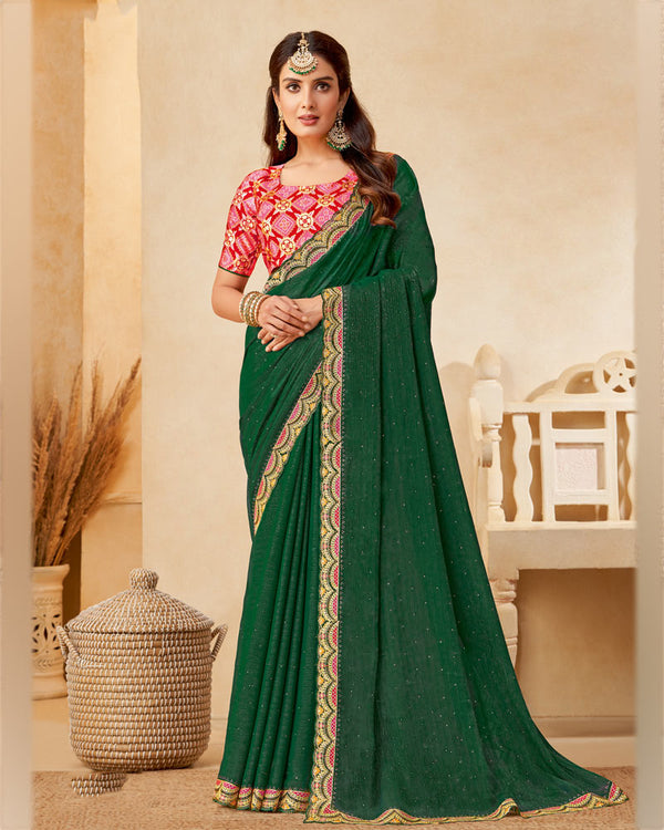 Vishal Prints Bottle Green Designer Fancy Chiffon Saree With Diamond Work And Embroidery Cut Work Border