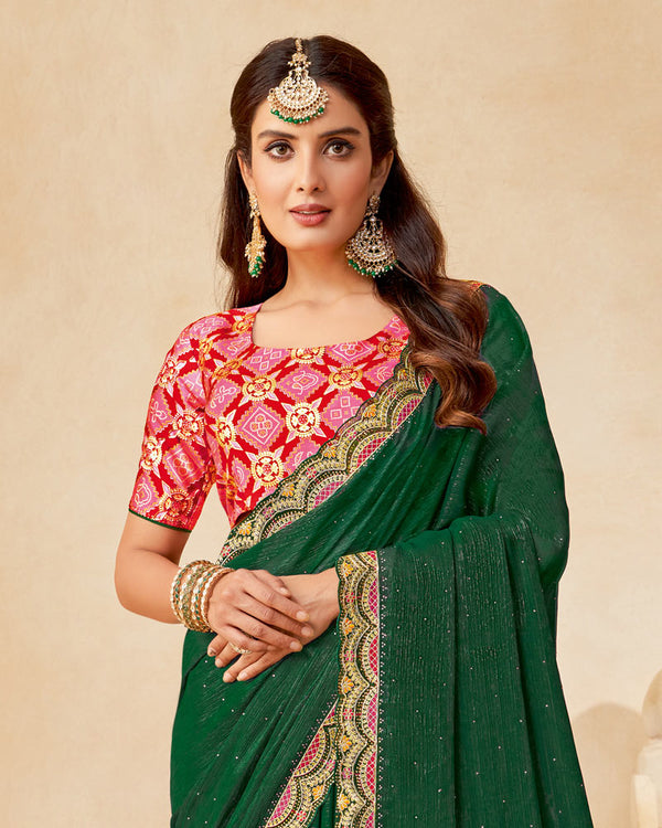 Vishal Prints Bottle Green Designer Fancy Chiffon Saree With Diamond Work And Embroidery Cut Work Border