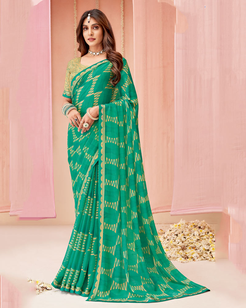 Vishal Prints Aqua Green Printed Chiffon Saree With Fancy Border