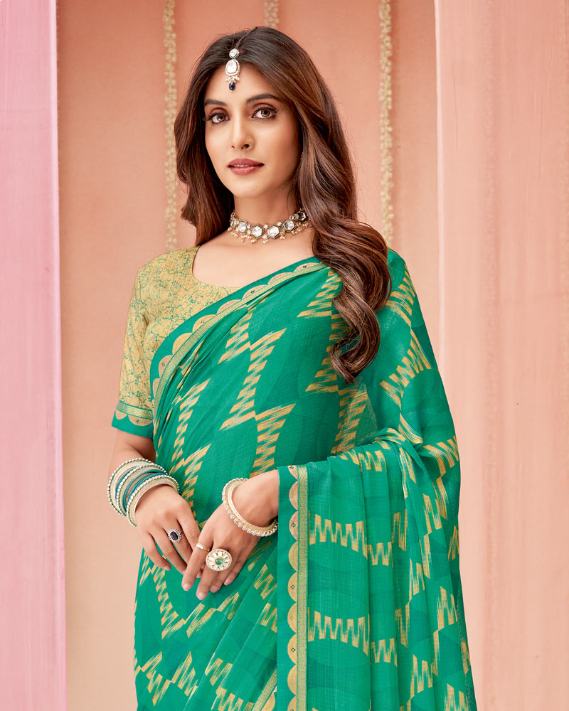 Vishal Prints Aqua Green Printed Chiffon Saree With Fancy Border