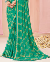 Vishal Prints Aqua Green Printed Chiffon Saree With Fancy Border