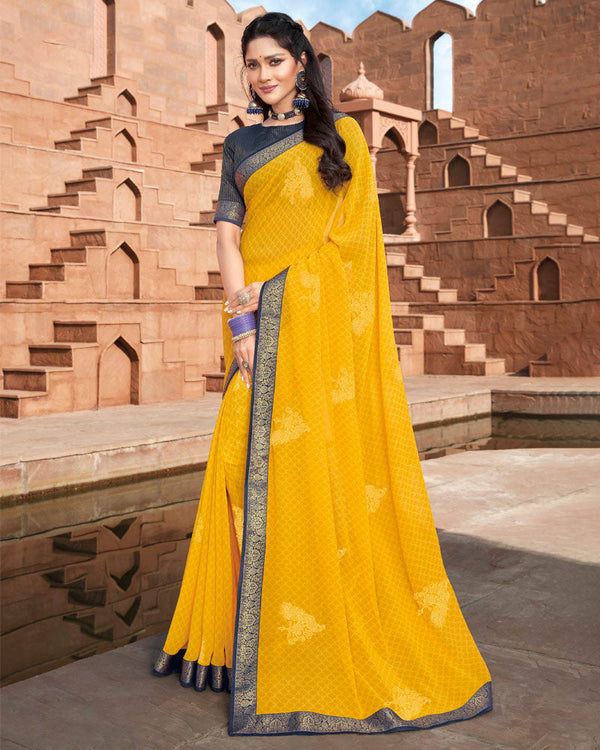 Vishal Prints Yellow Georgette Saree With Foil Work And Zari Border