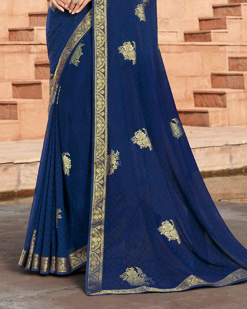 Vishal Prints Blue Georgette Saree With Foil Work And Zari Border