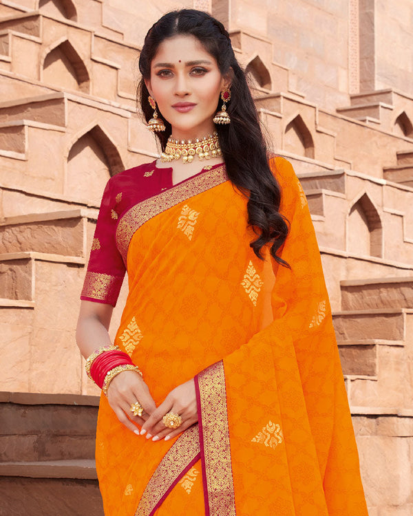 Vishal Prints Bright Orange Georgette Saree With Foil Work And Zari Border