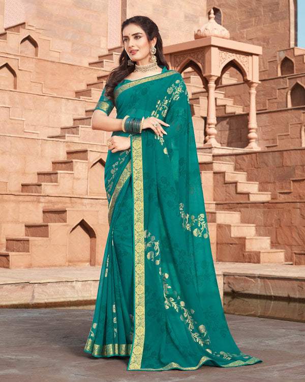 Vishal Prints Teal Green Georgette Saree With Foil Work And Zari Border