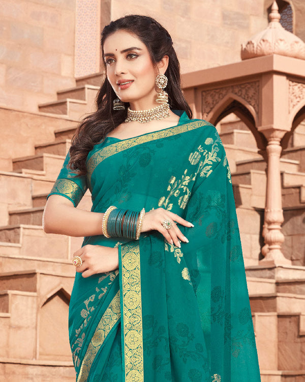 Vishal Prints Teal Green Georgette Saree With Foil Work And Zari Border