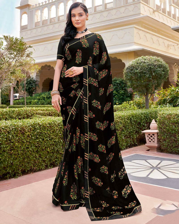 Vishal Prints Black Printed Georgette Saree With Border