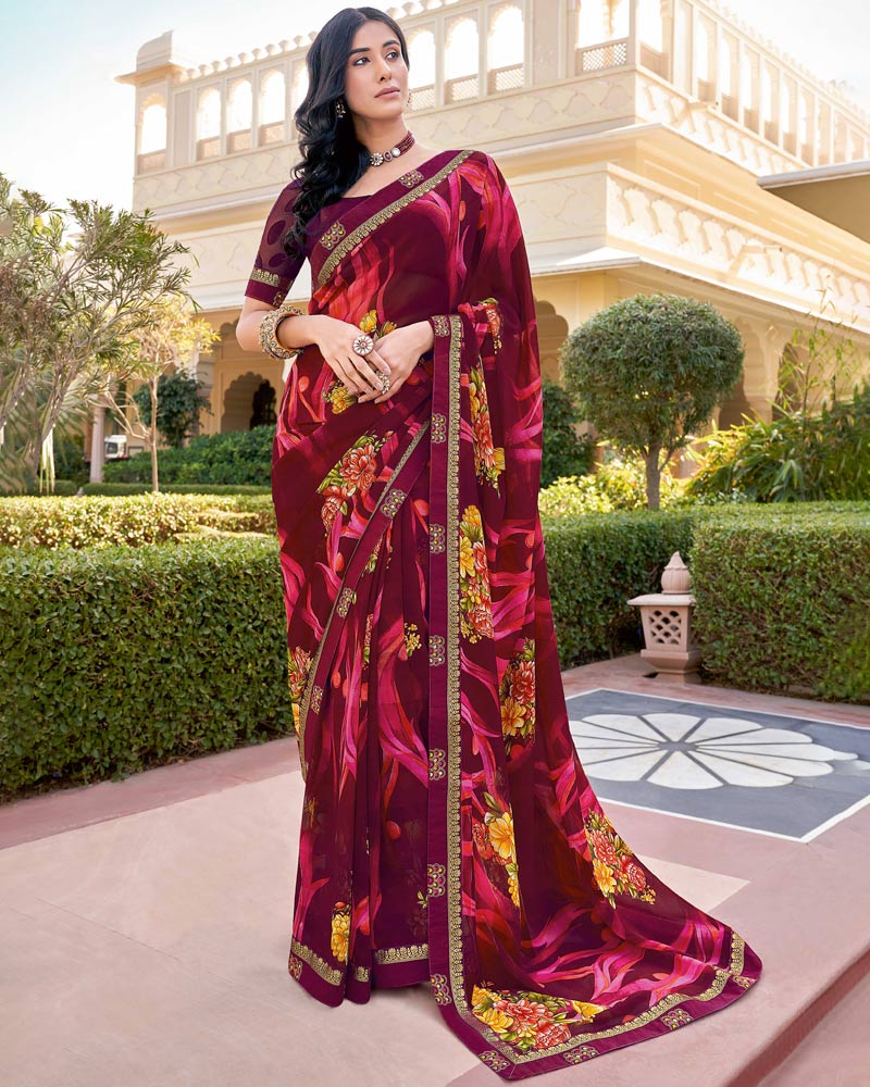 Vishal Prints Wine Printed Georgette Saree With Border