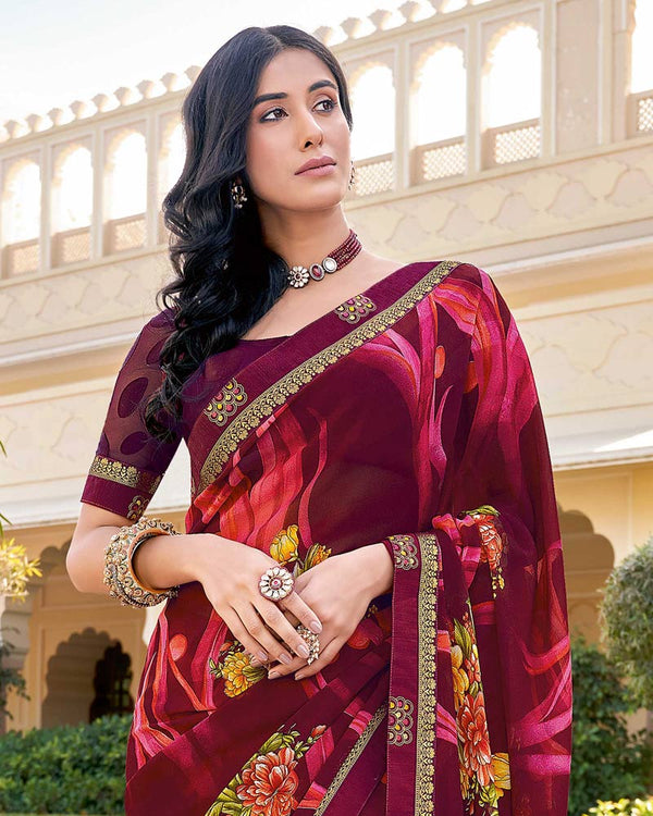 Vishal Prints Wine Printed Georgette Saree With Border