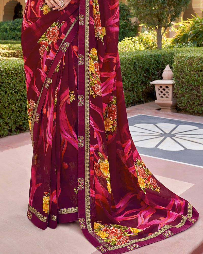 Vishal Prints Wine Printed Georgette Saree With Border