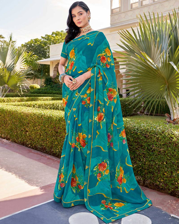 Vishal Prints Teal Blue Printed Georgette Saree With Border