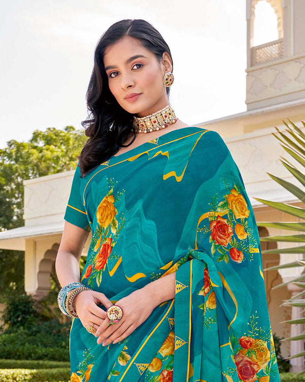 Vishal Prints Teal Blue Printed Georgette Saree With Border