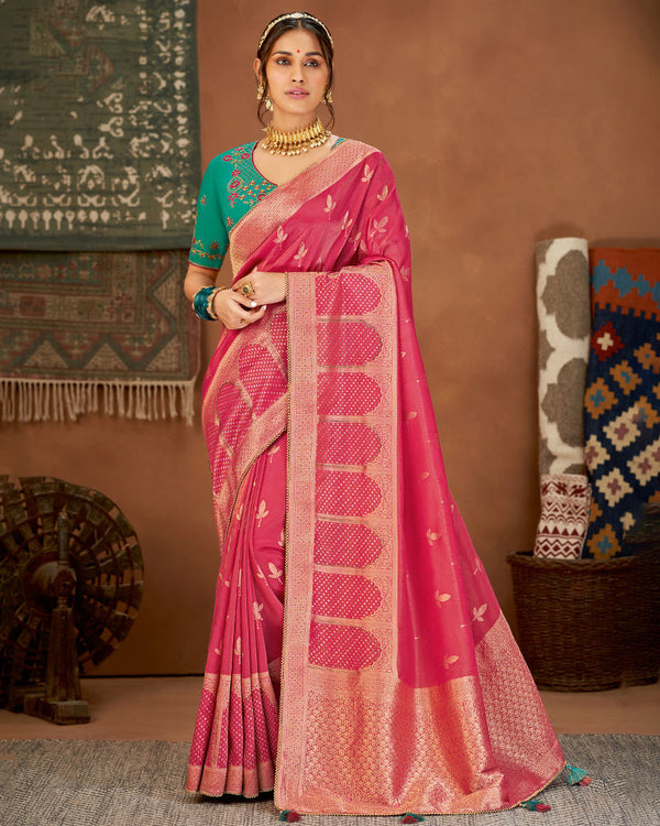 Vishal Prints Hot Pink Art Silk Zari Weaving Saree With Diamond Work