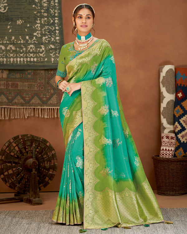 Vishal Prints Teal Art Silk Zari Weaving Saree With Diamond Work