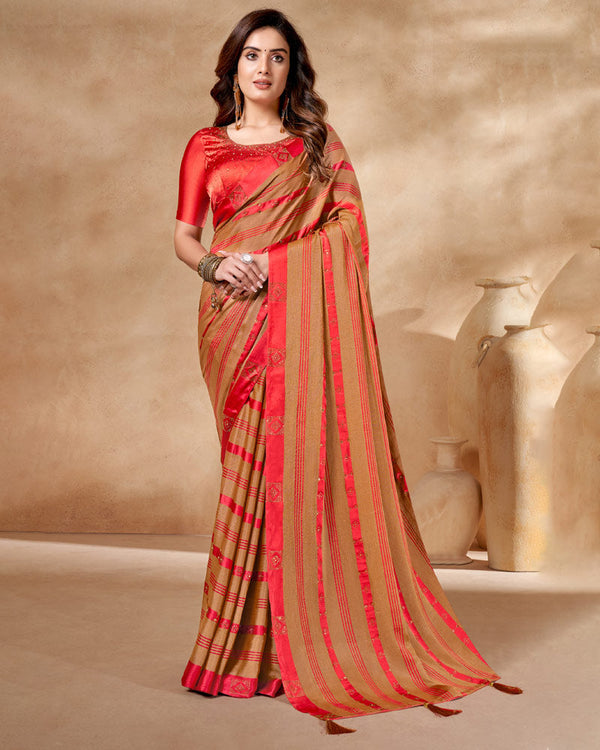 Vishal Prints Red Satin Brasso Designer Saree With Stone Work