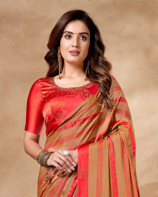 Vishal Prints Red Satin Brasso Designer Saree With Stone Work