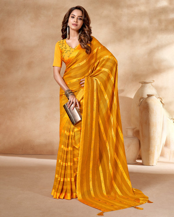 Vishal Prints Ochre Satin Brasso Designer Saree With Stone Work